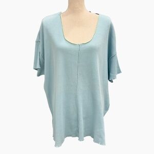 FITIGUES LIGHT BLUE W/GREEN & WHITE TRIM WAFFLE KNIT SHORT SLEEVE OVERSIZED TOP